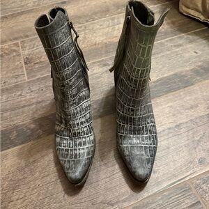 LIBERTY Black Croc-Embossed Pointed Toe Ankle Booties in Gray